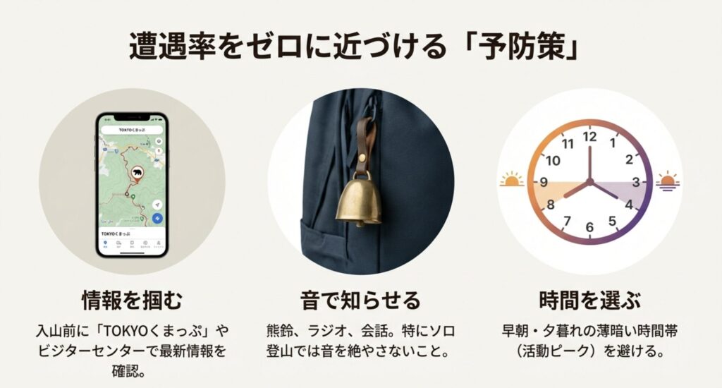 熊遭遇率を下げるための予防策3選。「TOKYOくまっぷ」等での情報収集、熊鈴やラジオで音を出すこと、早朝・夕暮れの活動ピーク時間を避けることをアイコン付きで分かりやすく解説