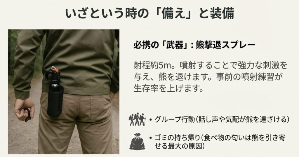 熊撃退スプレーを携帯するハイカーの写真とともに、スプレーの射程や効果を解説したスライド。あわせて、グループ行動の有効性や、熊を引き寄せないためのゴミ持ち帰りの重要性についても記述