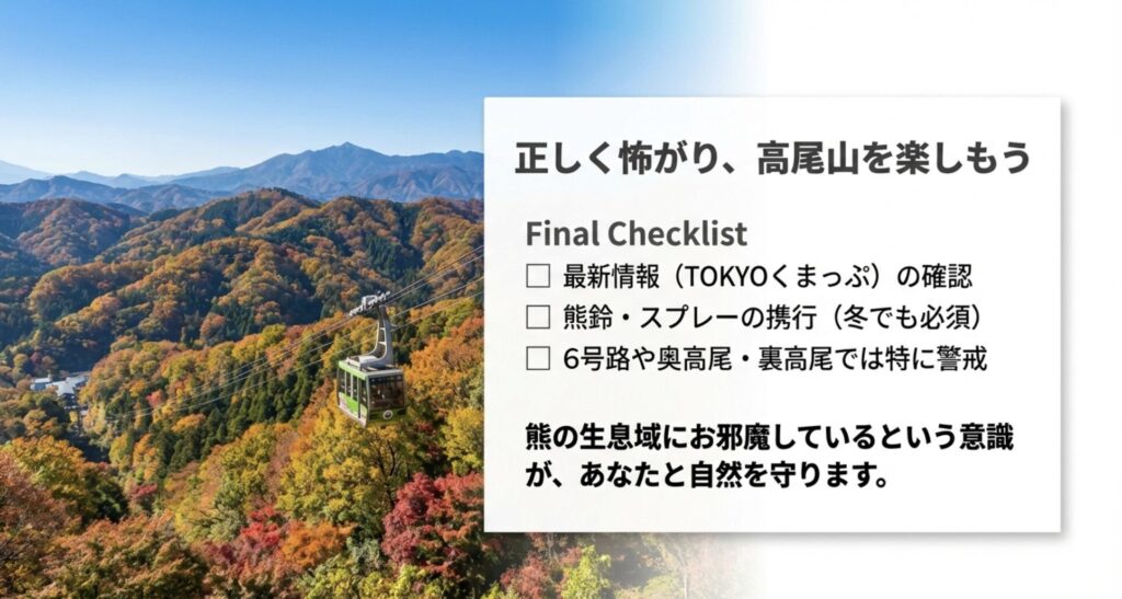 高尾山を楽しむための安全確認チェックリスト。最新情報の確認、熊鈴・スプレーの携行、特に警戒すべきエリアの再確認などを促し、「正しく怖がり、高尾山を楽しもう」