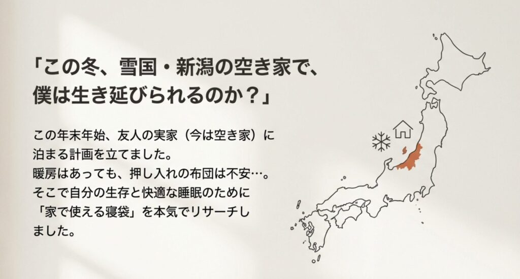 「この冬、雪国・新潟の空き家で、僕は生き延びられるのか？」という問いかけと、家で使える寝袋をリサーチした背景を説明するスライド。