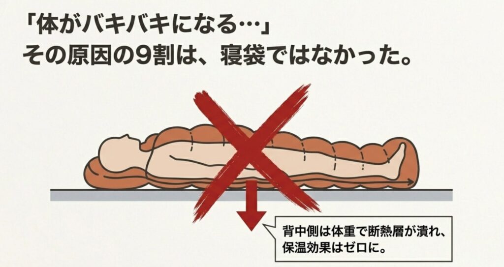 寝袋の背中側の中綿が体重で潰れ、断熱層がなくなることで保温効果がゼロになるメカニズムを解説したイラスト。