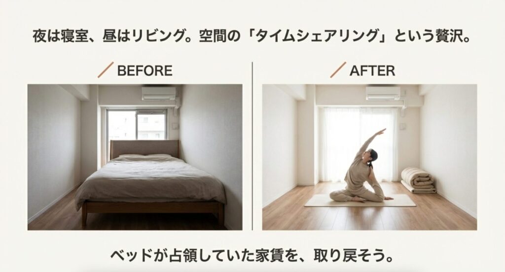 寝袋生活による部屋のスペース拡大ビフォーアフター