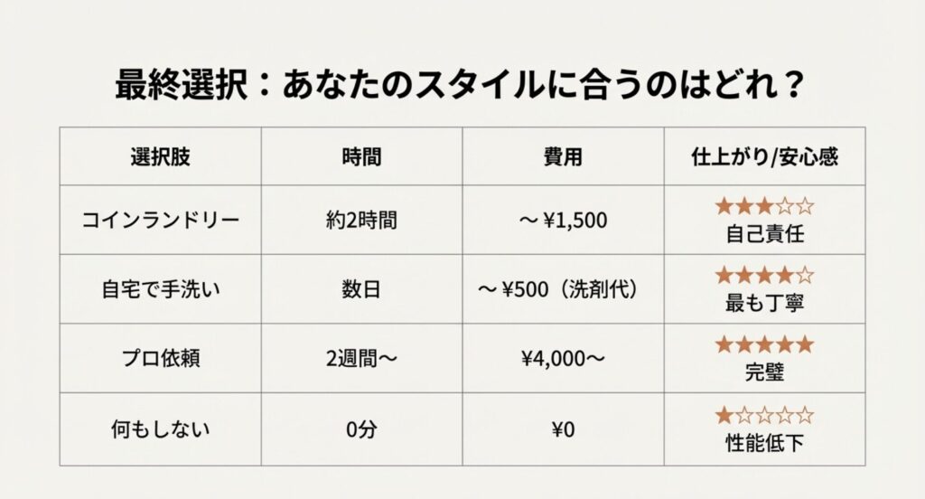 クリーニング方法の比較一覧表