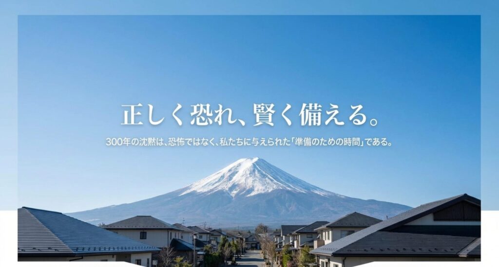 富士山と住宅街の風景と共に、「300年の沈黙は、私たちに与えられた準備のための時間である」という前向きなメッセージが書かれたスライド