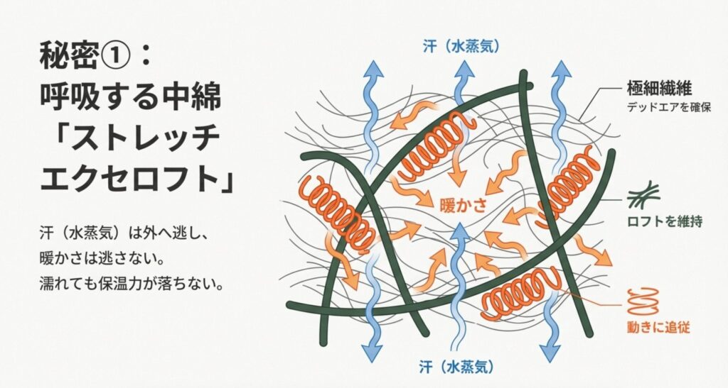 汗（水蒸気）を外へ逃がしつつ暖かさを閉じ込める「ストレッチ エクセロフト」の断面図。極細繊維がデッドエアを確保し、濡れても保温力が落ちない特性を解説