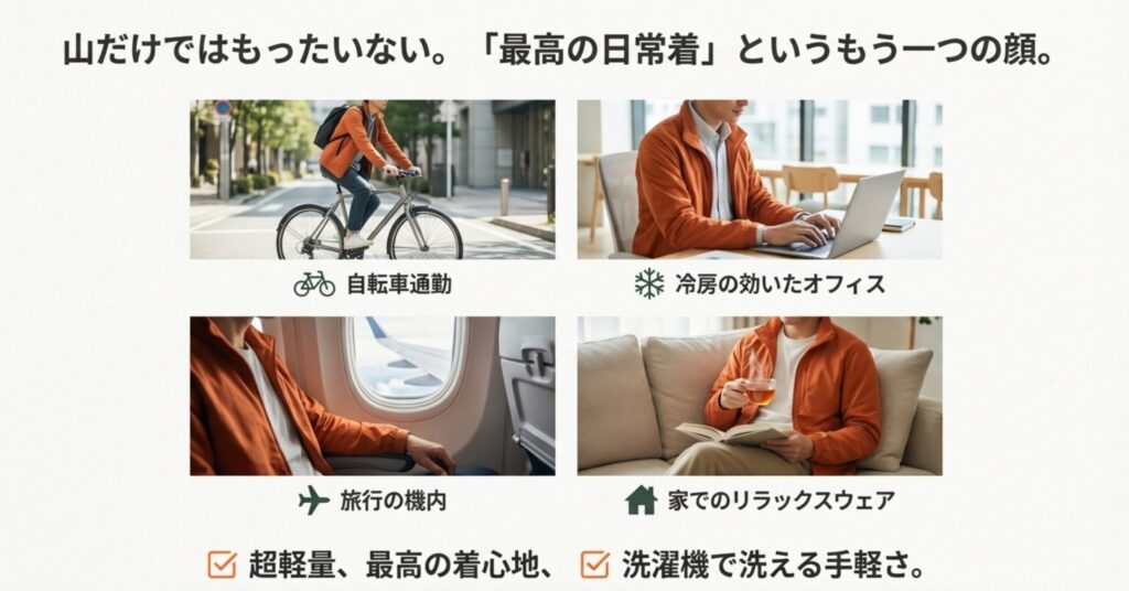 自転車通勤、冷房の効いたオフィス、旅行の機内、自宅でのリラックスシーンで着用しているイメージ写真と、洗濯機で洗える手軽さ