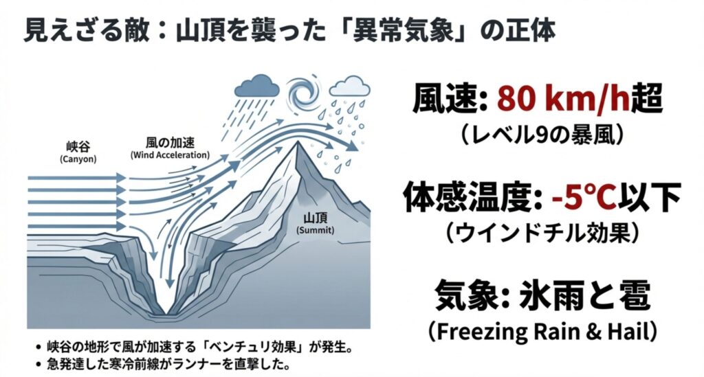 峡谷で風が加速する「ベンチュリ効果」の図解と、山頂を襲った時速80km超の暴風、氷雨、雹、体感温度−5℃以下の過酷な気象条件の解説