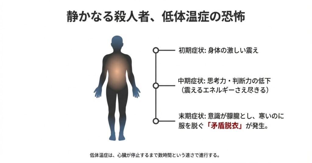 低体温症の初期症状（激しい震え）、中期症状（判断力低下）、末期症状（意識朦朧、矛盾脱衣）を解説する人体イラスト
