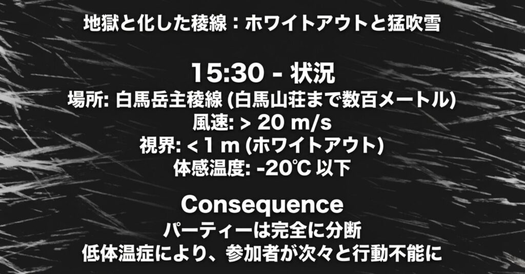 午後3時半、白馬岳主稜線の状況。風速20m/s以上、視界1m未満のホワイトアウト、体感温度マイナス20度以下の極限状態と、それによるパーティー分断を説明している