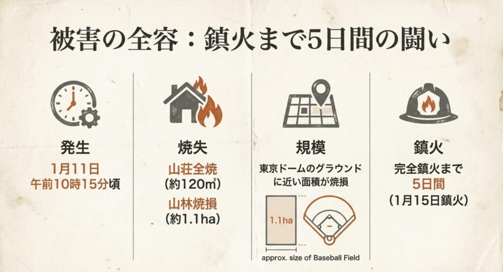 焼失した堀山の家と周辺山林の地図、および被害面積が東京ドームのグラウンドと同規模