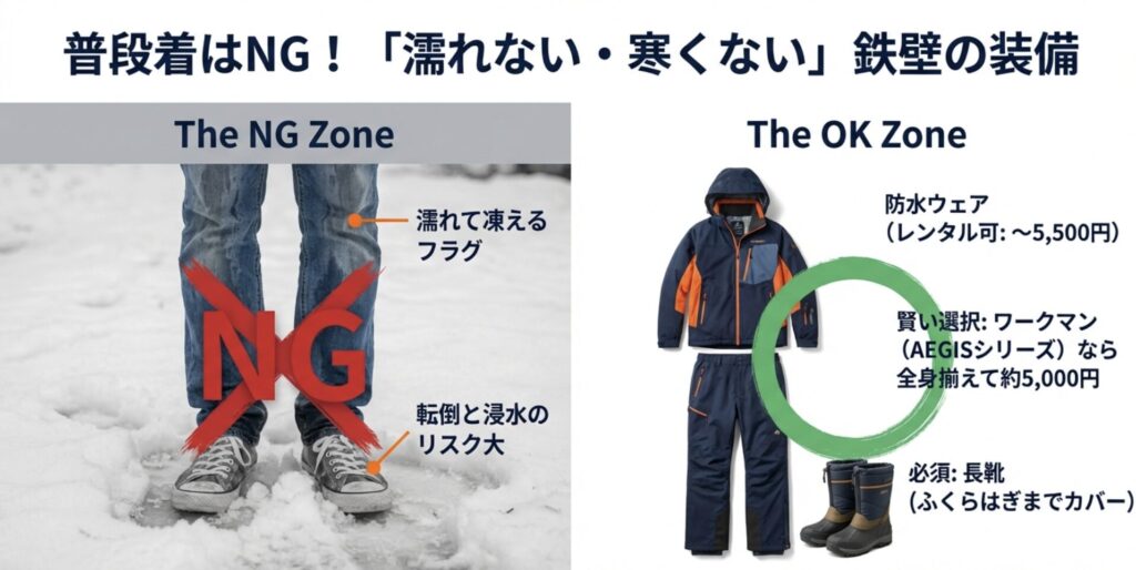 ジーンズとスニーカーを「濡れて凍えるフラグ」「転倒リスク大」としてNG指定 。一方で、防水ウェアと長靴を「OK Zone」とし、手袋の持参必須やワークマンのAEGISシリーズなら約5,000円で全身揃う