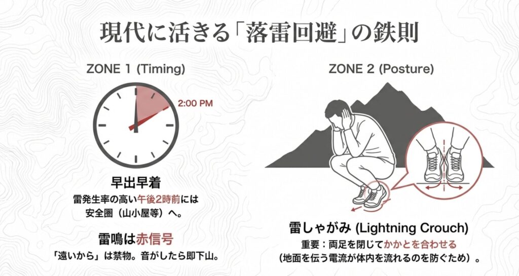 午後の落雷を避けるためにお昼前には稜線を抜ける「早出早着」の重要性と逃げ場がない場合の「雷しゃがみ（足を閉じ、姿勢を低くし、耳を塞ぐ）」という正しい退避姿勢を解説