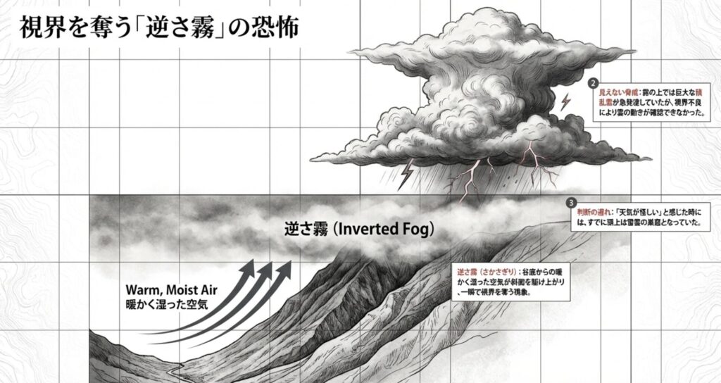 谷底から湿った空気が駆け上がり、一瞬で視界を奪う逆さ霧の発生メカニズムと当時の状況