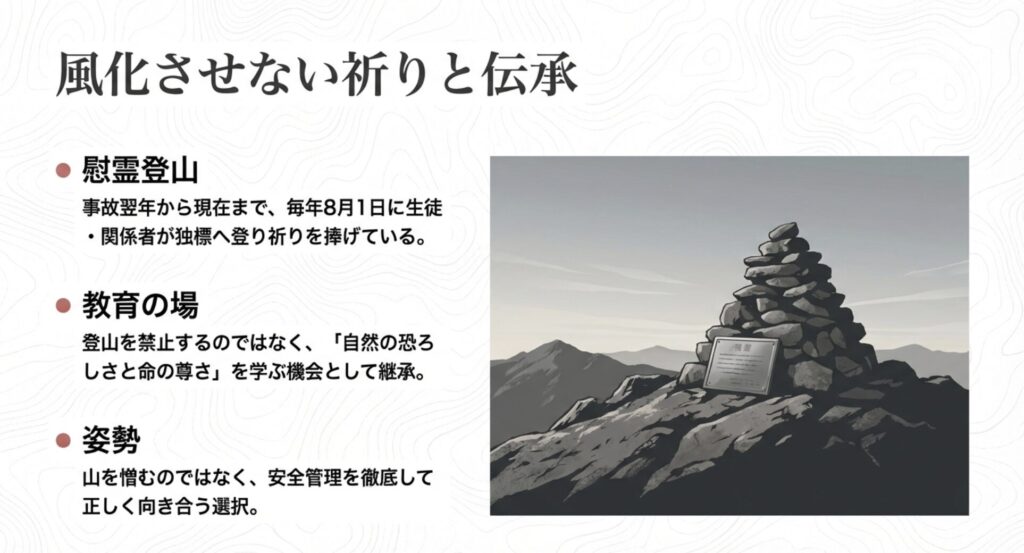 事故を風化させず、安全管理を徹底した上で毎年8月1日に行われる慰霊登山の様子と教育的意義