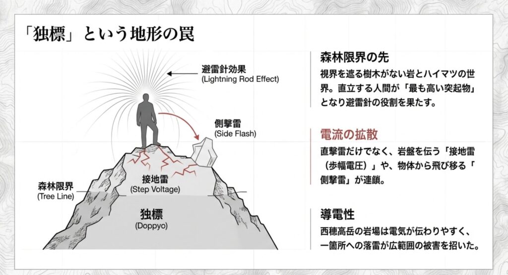 直撃雷だけでなく、岩盤を伝う接地雷や周囲に飛び移る側撃雷が連鎖的な被害をもたらした