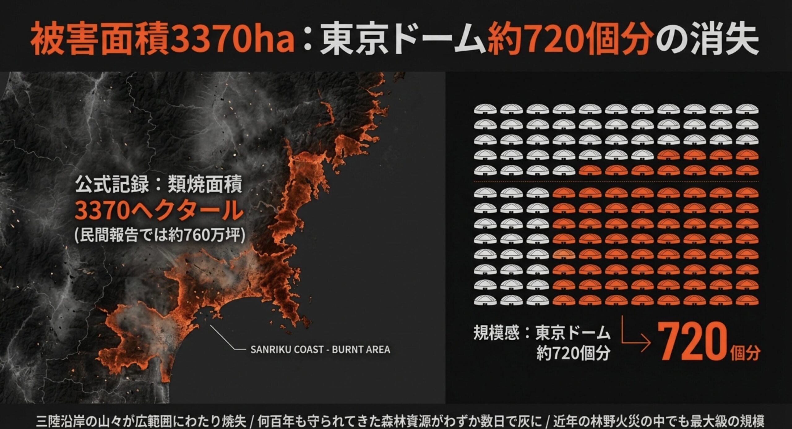 大船渡の山火事の被害面積3370haは東京ドーム約720個分に相当することを示す図解
