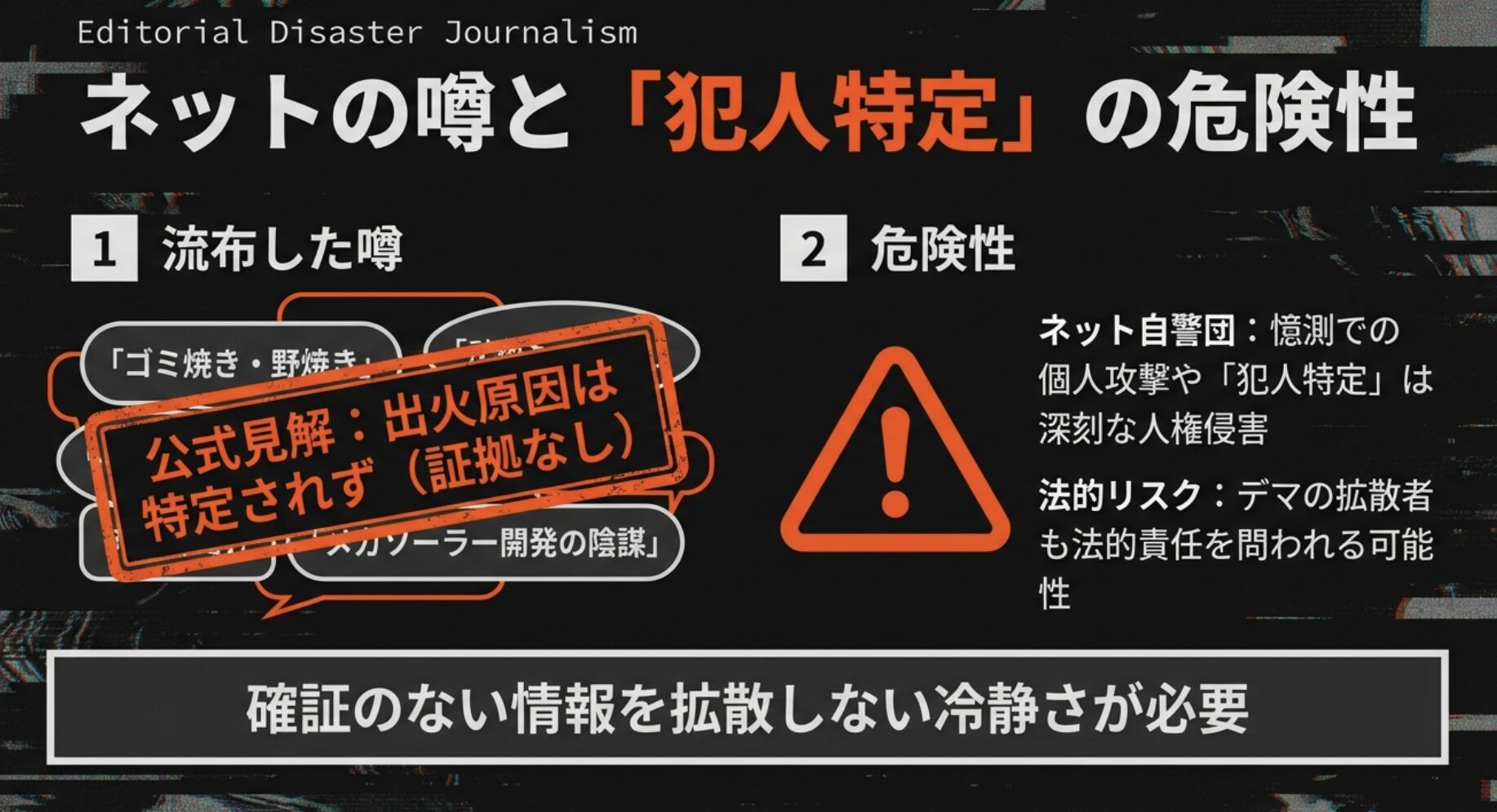 ゴミ焼きやメガソーラーの噂と、ネット自警団による犯人特定の危険性を警告する図