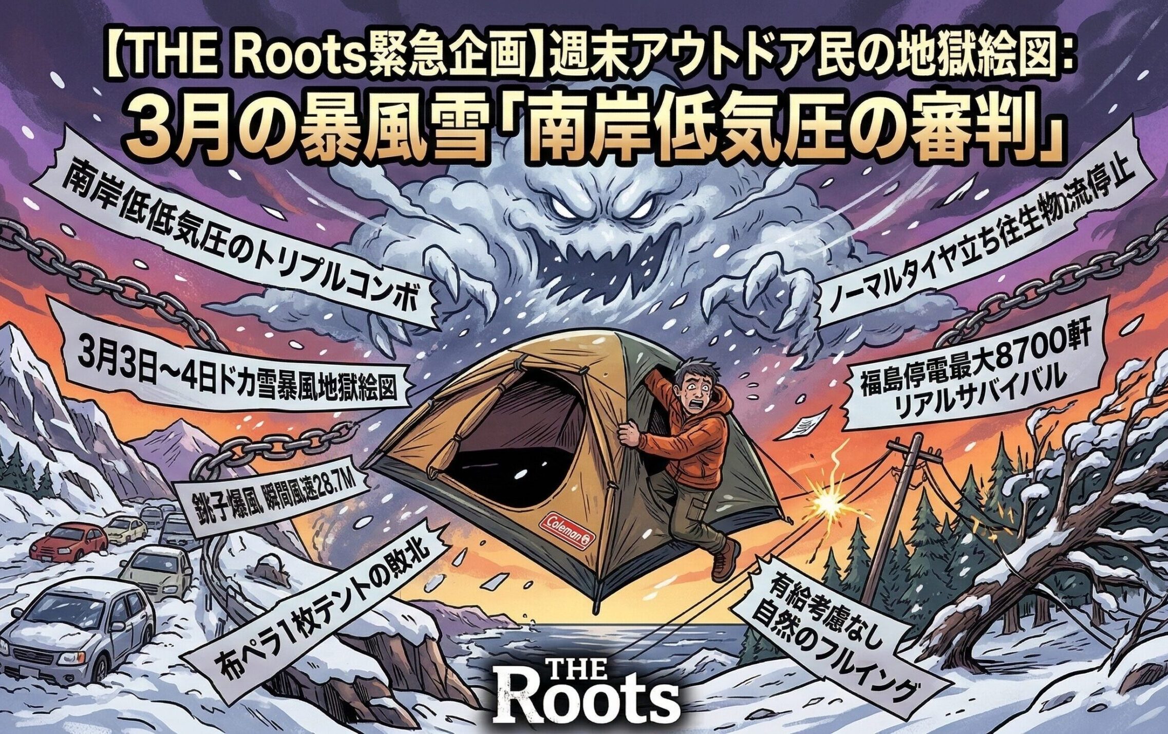 南岸低気圧による大雪と暴風を舐めて出撃したアウトドア愛好家たちの地獄絵図。中央では巨大な低気圧の雲が拳となってテントを殴り飛ばし、左側にはノーマルタイヤで立ち往生する高速道路と停電した電柱、右側には銚子の暴風で海（太平洋の藻屑）へ飛ばされるテントが描かれた風刺イラスト。上部に「南岸低気圧を舐めたアウトドア民への公開処刑」