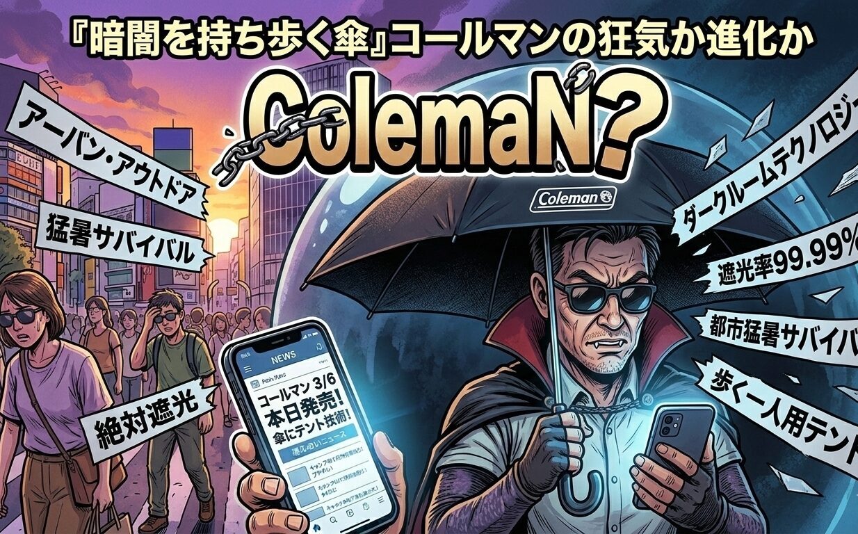 渋谷のスクランブル交差点を歩く、日焼けを憎むドラキュラ風の社畜男性が、コールマンの最強テント技術をぶち込んだ『ダークルームテクノロジー』折りたたみ傘をさしている。傘の内側は完全に物理的な暗闇。周囲は強烈な太陽光で、他の通行人が干上がっている風刺イラスト。