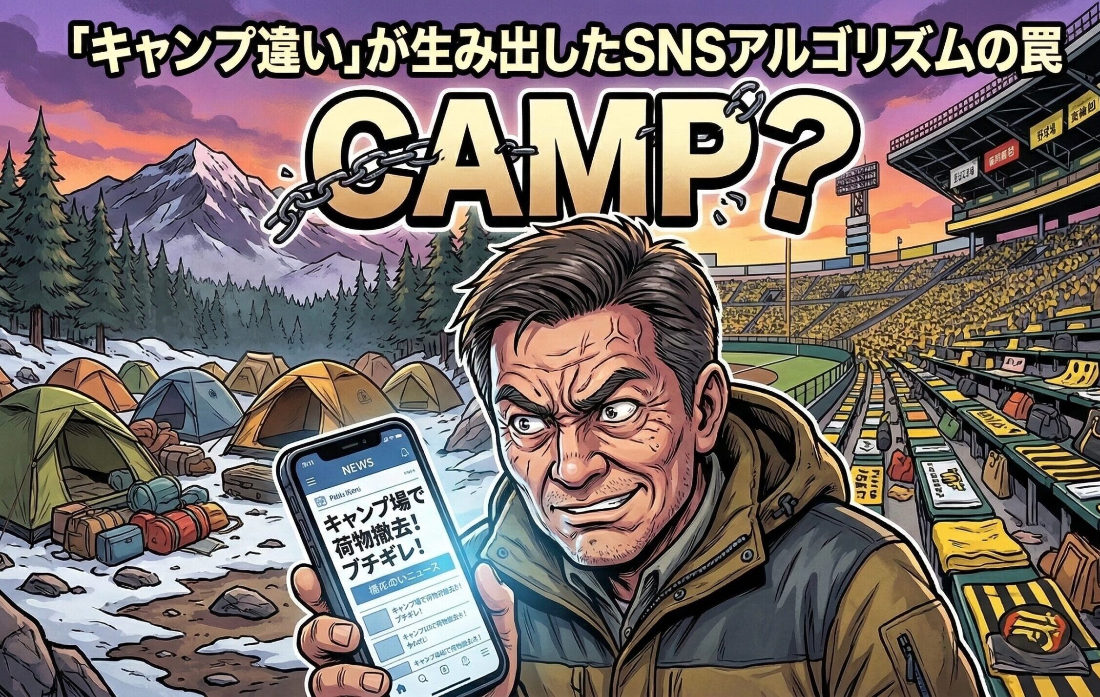 SNSでバズった「キャンプでの場所取り迷惑行為」のニュースを見て激怒するアウトドア愛好家と、それが実は「プロ野球の春季キャンプ」であったことを示すコミカルな風刺イラスト。