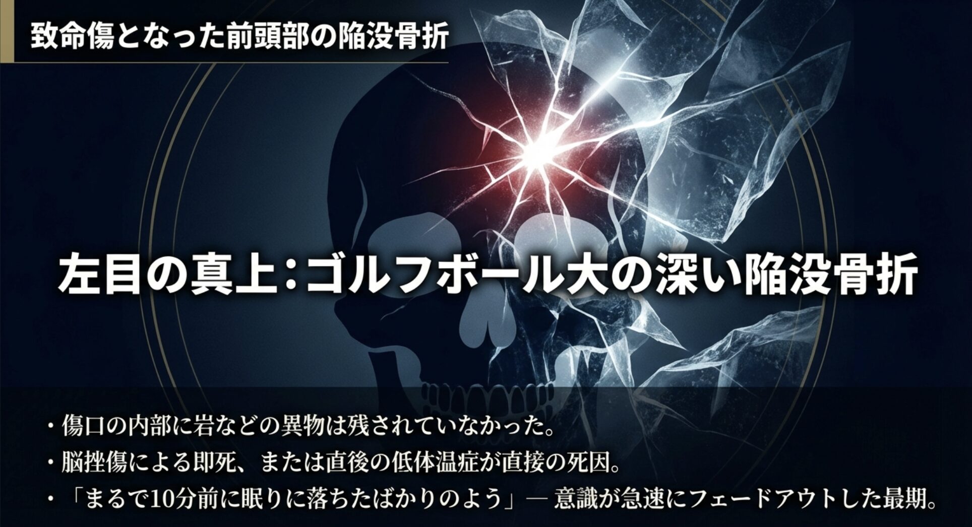 マロリーの直接の死因となった左目上のゴルフボール大の陥没骨折と、死のメカニズムを解説するスライド。
